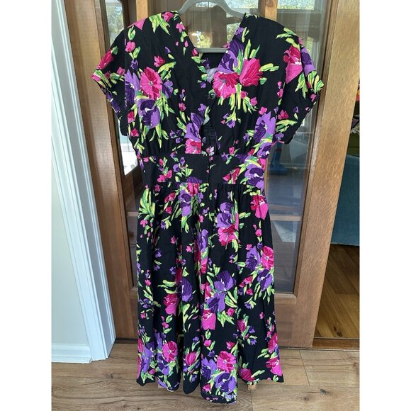 Vintage Stuart Alan 1980s 90’s BOLD FLORAL Bouquet Team Dress 1940’s Flare Midi - Picture 1 of 11